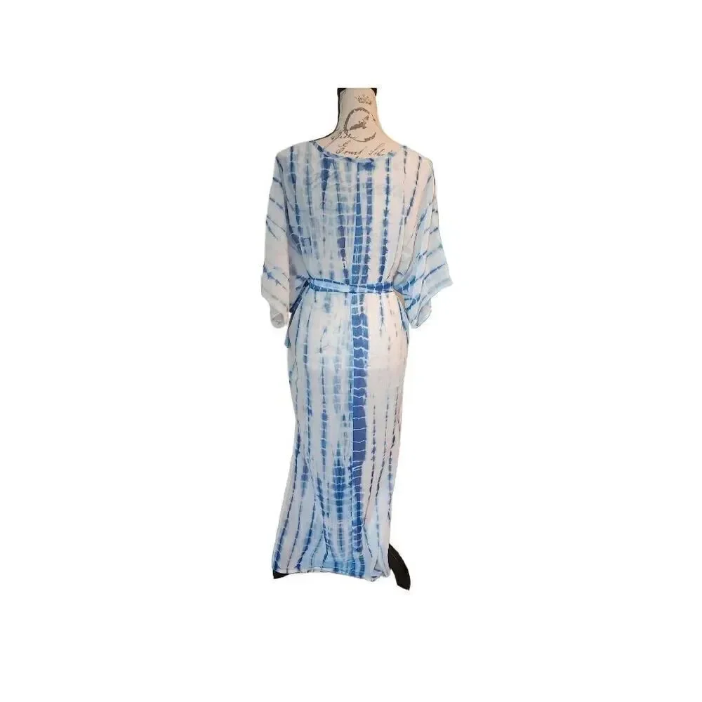 Shein Women's Size Small White Blue Allover Print Belted Swim Cover up Side Slit